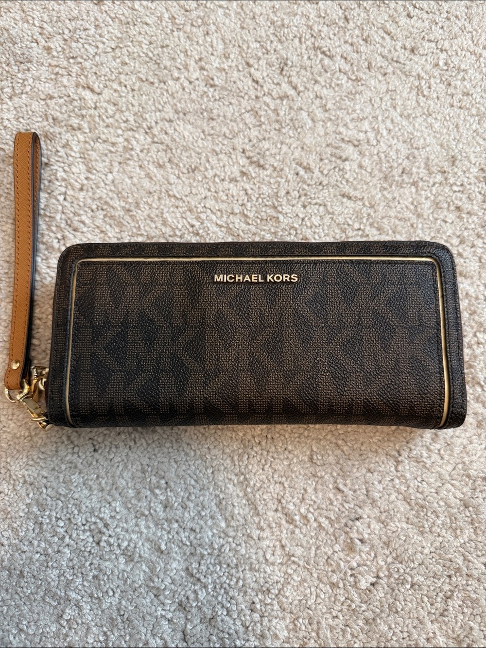 Michael Kors Dark Brown and Gold Signature Zip Wallet with Wristlet